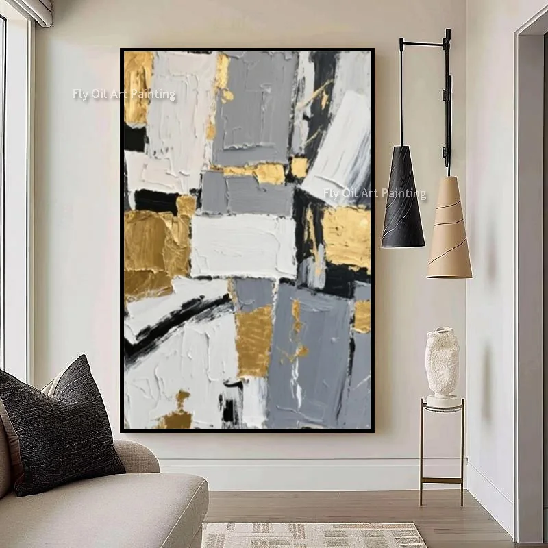 Abstract Grey White Canvas Artwork Handmade Simple Gold Foil Oil Painting For Room Decor New Fashion Blue Yellow Oil Painting