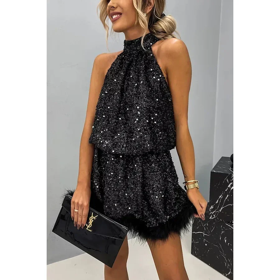 Women's S-XL Size New European and American Party Sequin Hanging Neck Fashion Dress INS Casual Lace up Sleeveless Dress