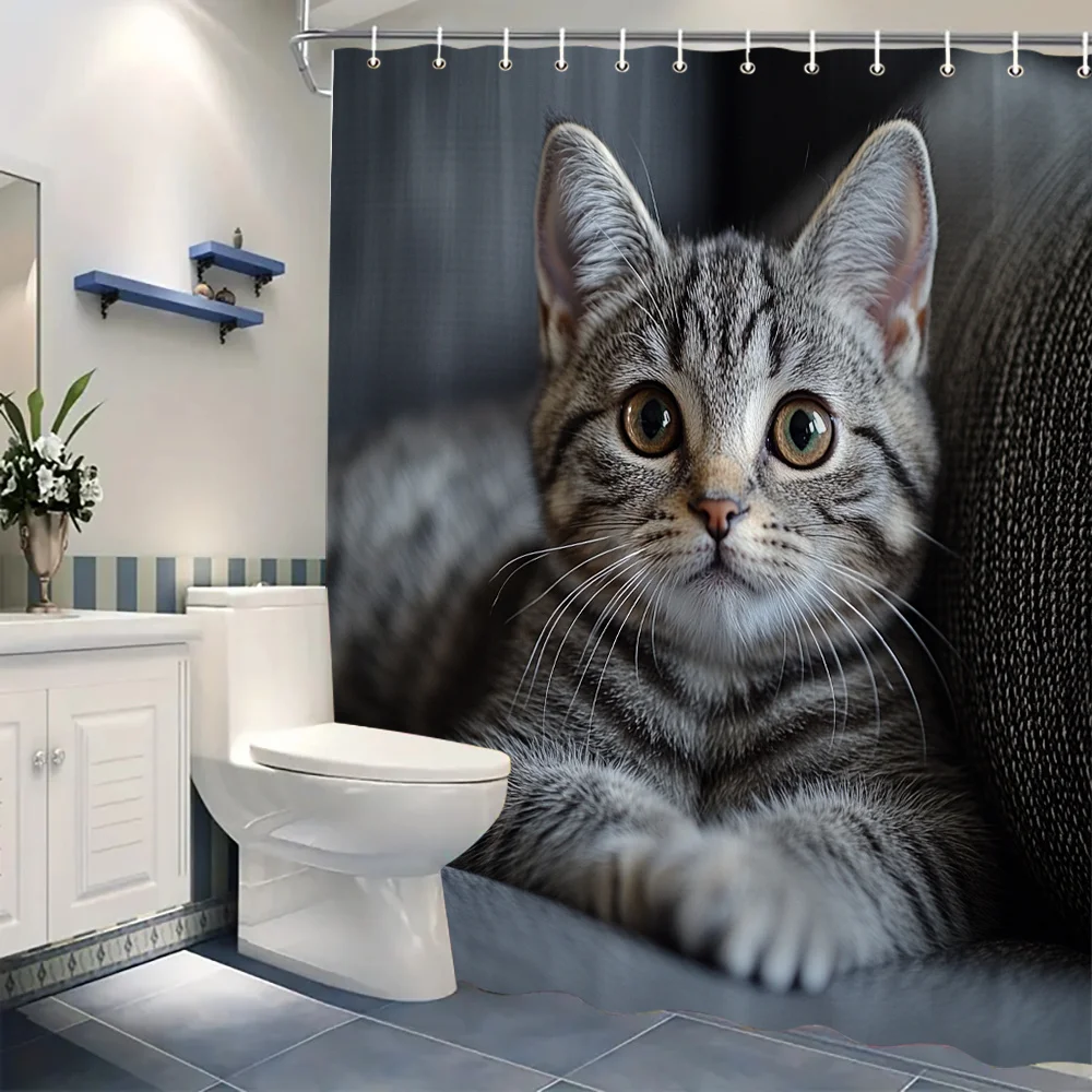 Cute Tabby Cat Shower Curtain Waterproof Fabric Bathroom Curtains Kitten Bath Screen Divider Home Decor With Hooks