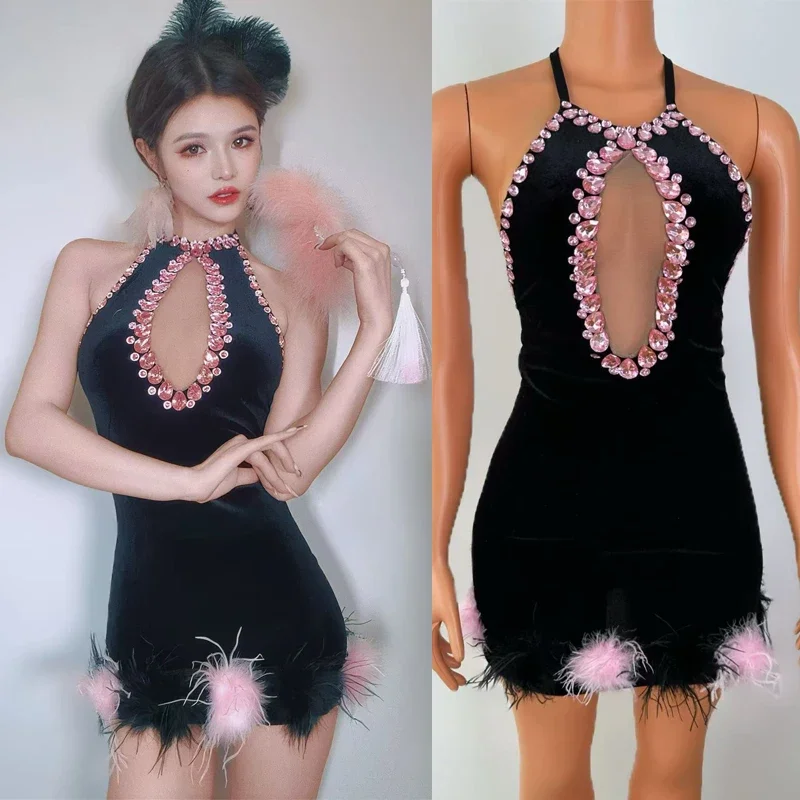 

Women Singer Performance Dress Black Velvet Rhinestones Dress Festival Outfit Bar Ds Dj Gogo Dance Costume Stage Clubwear