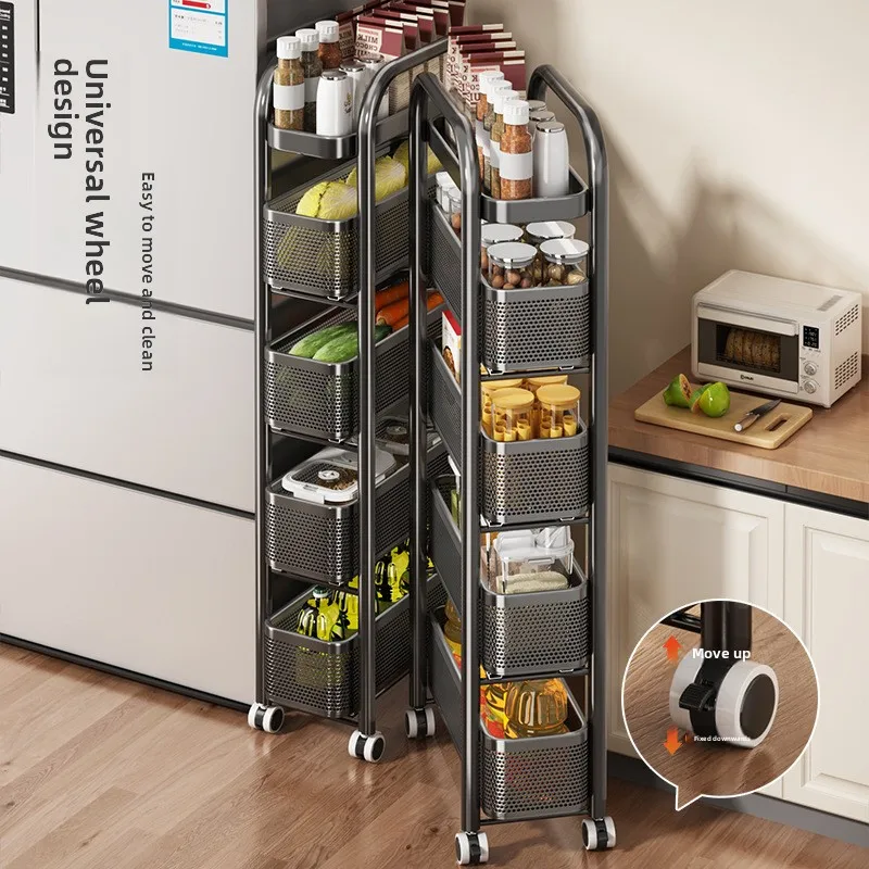 LH crevice rack, refrigerator behind kitchen door, side very narrow slit pull basket