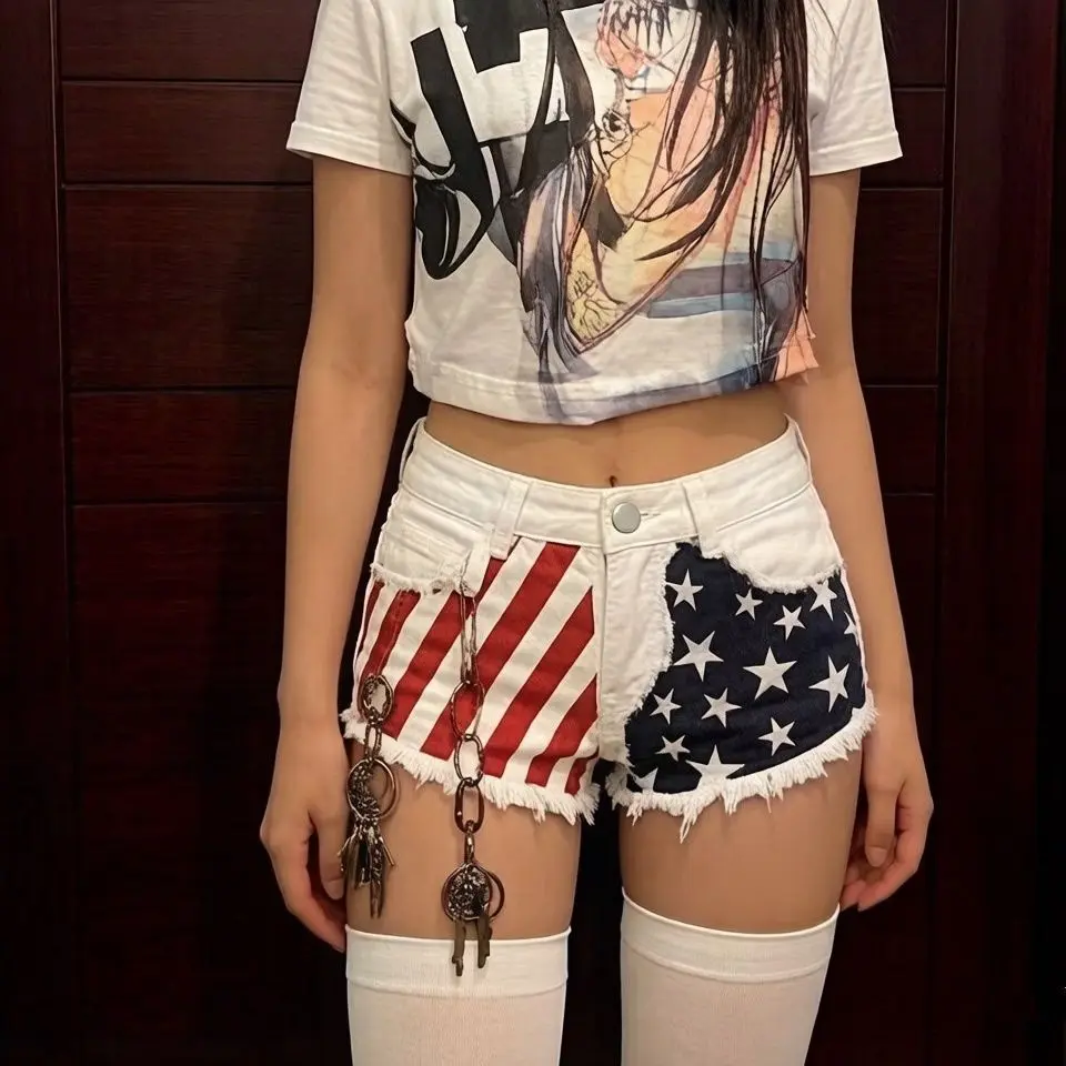 Spice Girl American Flag Rough Rim Denim Shorts Summer New Star Stripe Splicing Low Waist Hot Pants