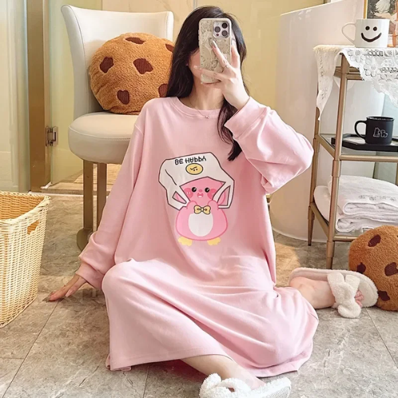 5XL Plus Size Velvet Nightgowns Women Cartoon Pyjamas Winter Warm Thick Sleepwear Long Sleeve Nightdress Sweet Loose Home Dress