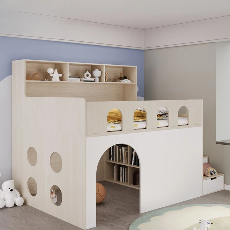 Half-height bed, small apartment cloakroom bedside table combination multifunctional bed under bookcase secret base fun