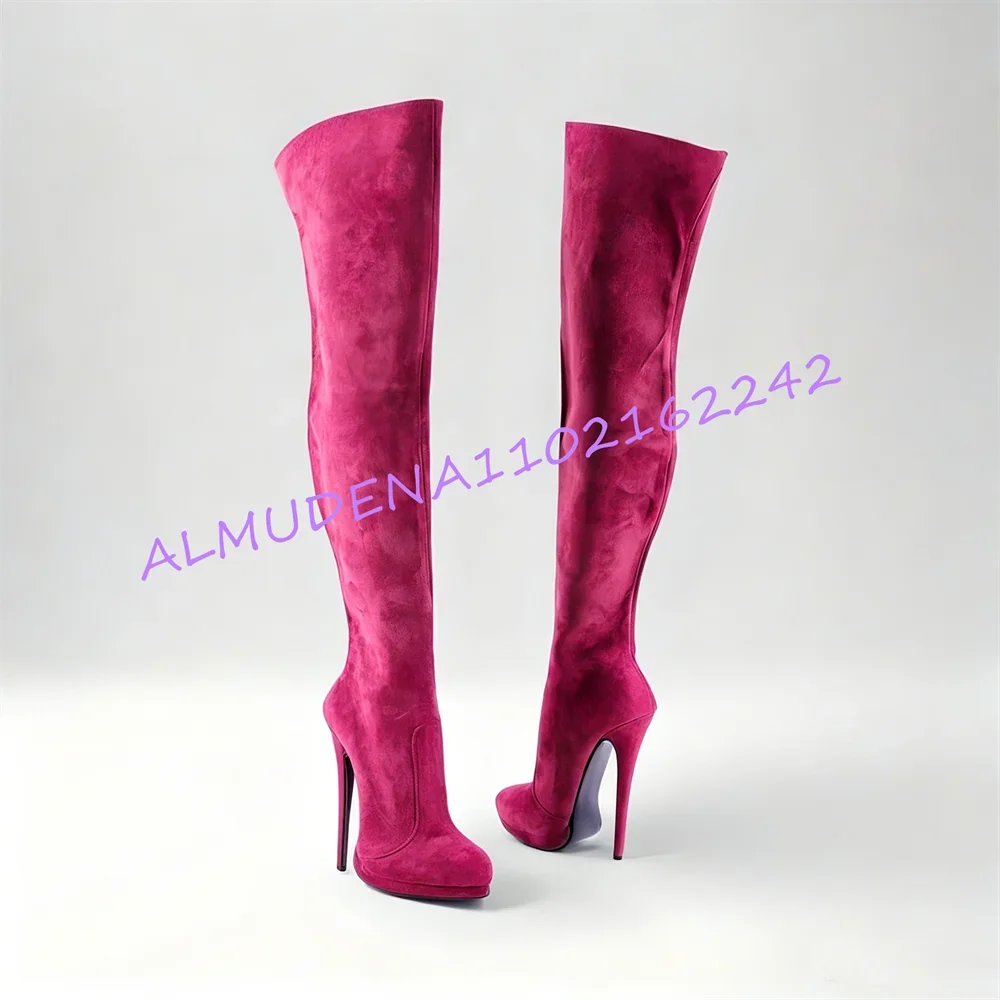 Women'S Over The Knee High Heel Boots Fuchsia Suede Platform Stiletto Long Boots With Side Zipper For Party Club Evening Shoes