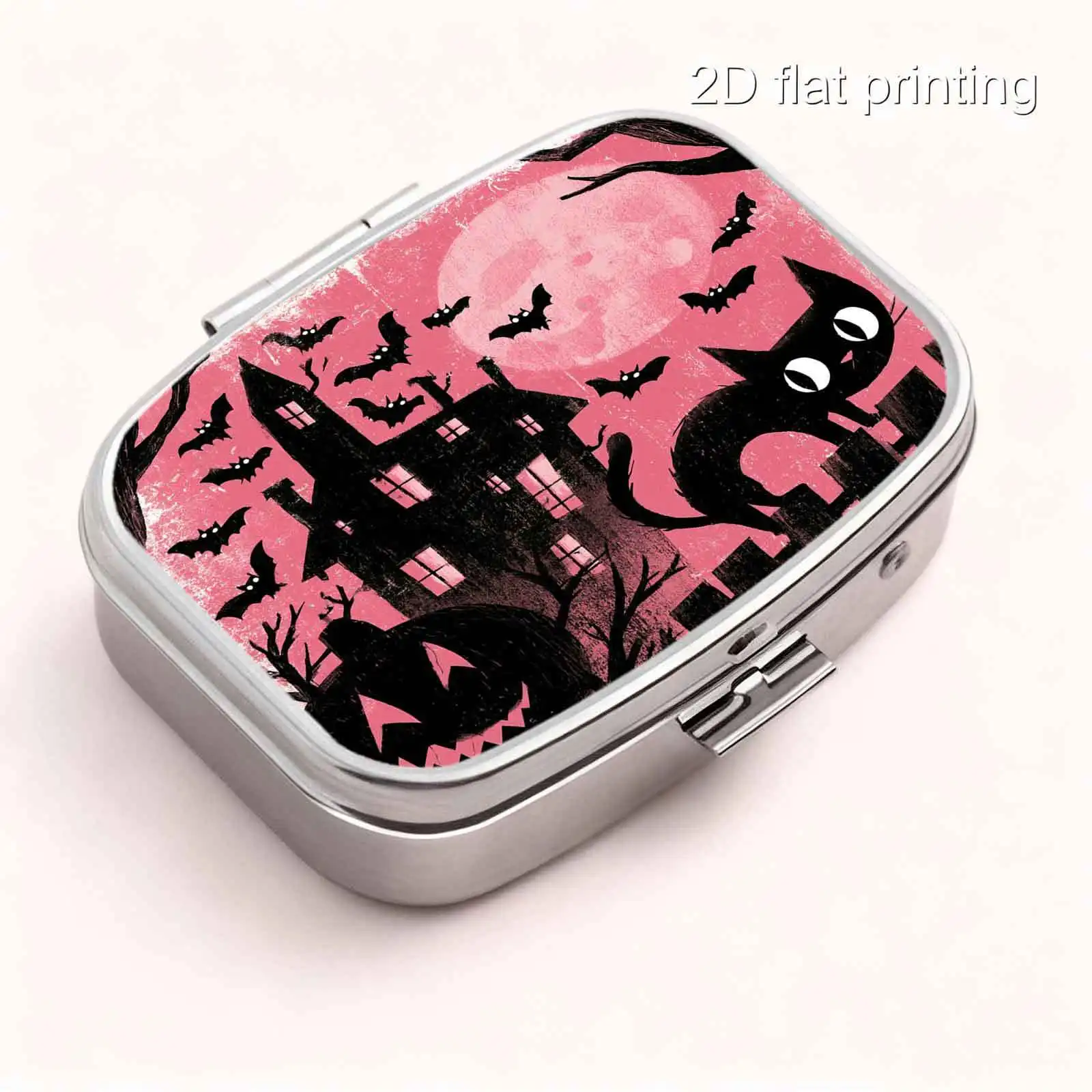 1Pc Flat Printing Pill Box, Portable Metal Material, Square Design with Pink Night Sky, Haunted House, Black Cat, Pumpkin Prints, Macaron Dark Style, Soft Matte Square Design - Mini Pill Box - Pill and Capsule Holder - Compact Creative Accessory Box - Essential Medicine Storage - Compartmentalized Design - Lightweight and Convenient for Carrying