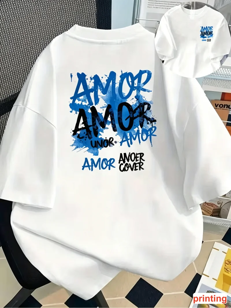 Graffiti Style AMOR T-shirt Women man Loose Casual Short Sleeve Summer Daily Commuting Streetwear Fashion Wear Round Neck Tops