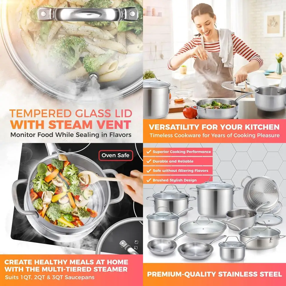 

17-Piece Ultra-Clad Pro Stainless Steel Cookware Set with EverCool Handles, Induction Ready, Includes Saucepans, Skillets, Dutch