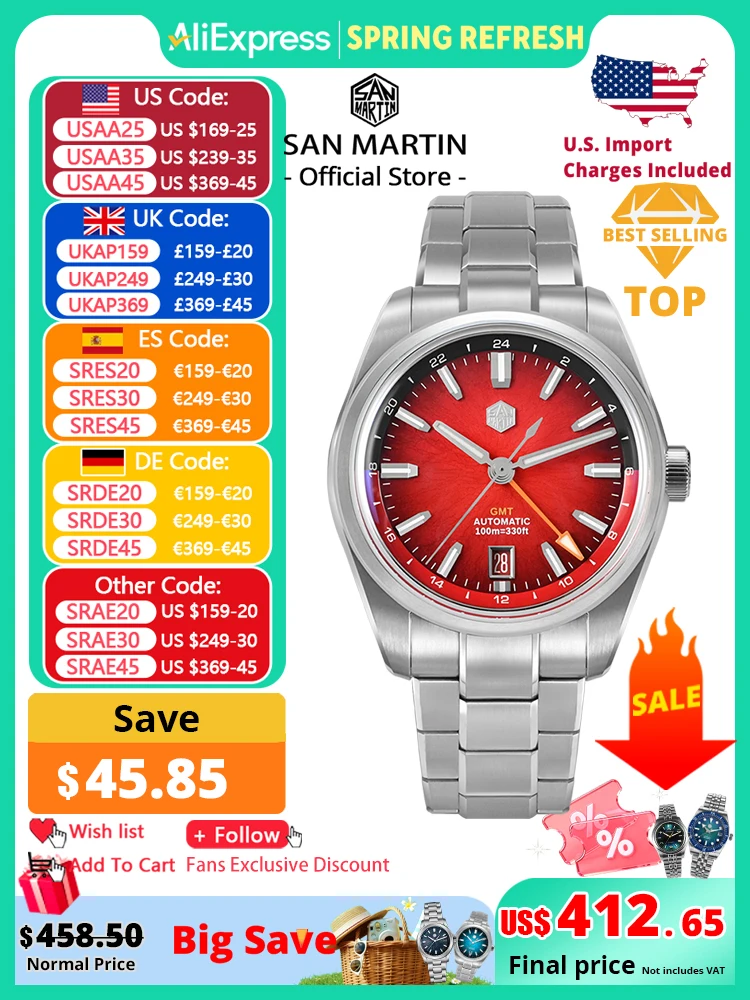 

San Martin Новые 39 мм эмалированные часы JianZhan GMT Miyota 9075 Роскошные мужские автоматические механические деловые часы Gada в китайском стиле SN0144