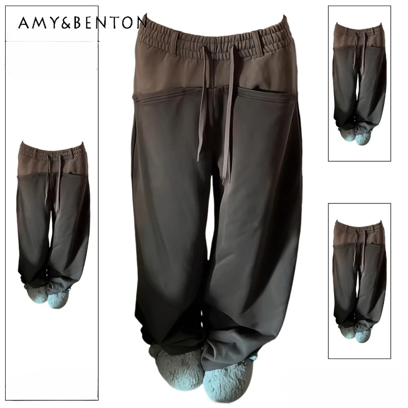 

American Retro Design Brown Women's Sweatpants 2025 Winter New Fashion Stylish Spliciing Loose Versatile Wide-Leg Trousers Girl