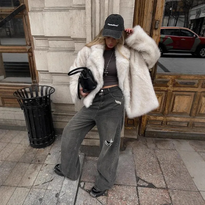 

Winter New Popular Mid Length Suit Gradient Plush Jacket for Women Thickened Warm Jacket Fluffy Imitation Fox Fur Leather Jacket