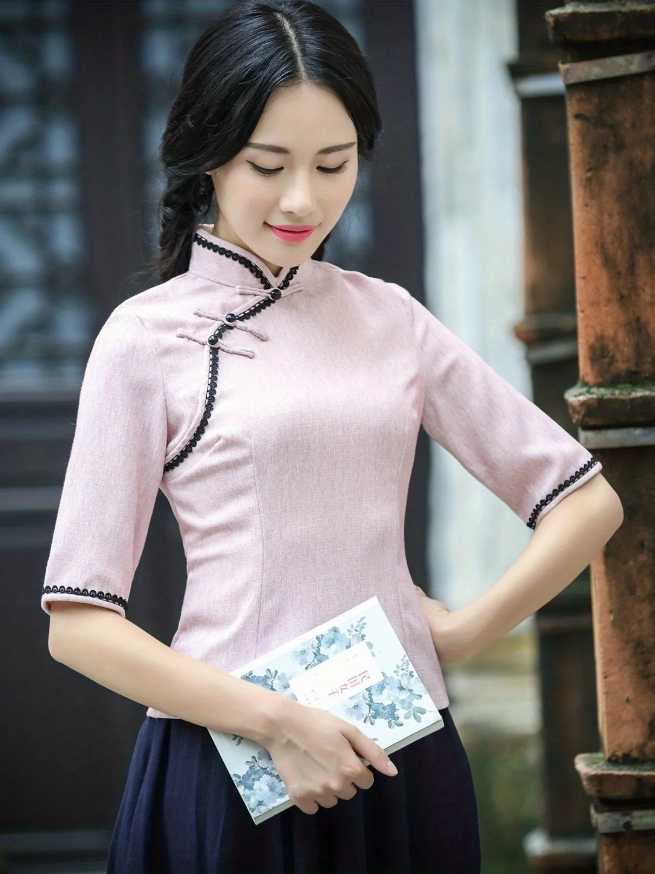 

Solid Contrast Lace Tang Suit Ethnic Vintage Stand Collar Tang Suit Women's Clothing