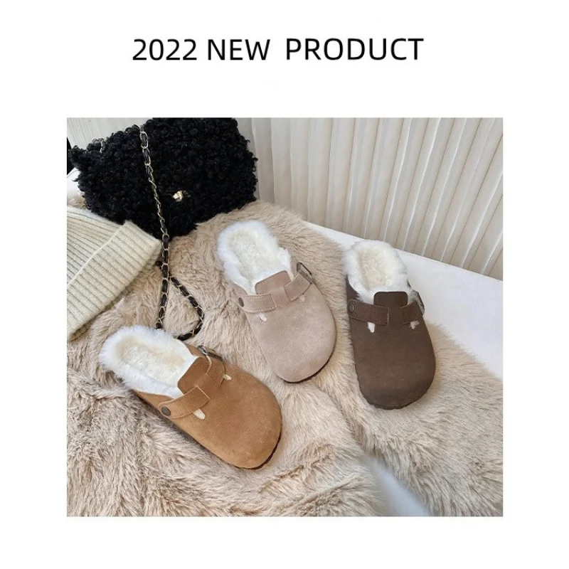 2023 Fashion Winter Fur Slipper Leather Mule Clogs Slippers Long Plush Warm Indoor Soft Cork Buckle Slides Footwear for Women