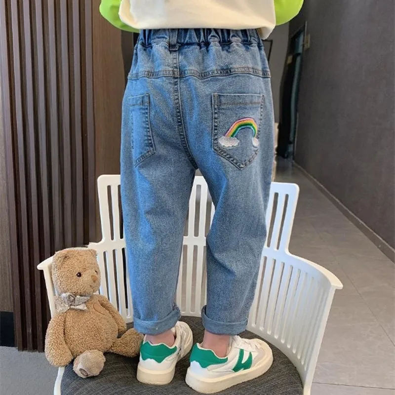 

High Waist Jeans Girl Straight Loose Long Pants Spring and Autumn Print Jeans Fashion Kids Denim Trousers For 2-8 Years