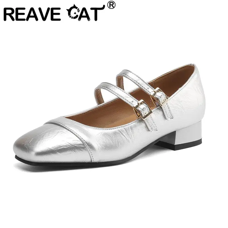 REAVE CAT Silver Women Flats Square Toe Double Buckle Strap Large Size 41 42 43 Soft Daily Mary Janes Shoes Handmade Footwear