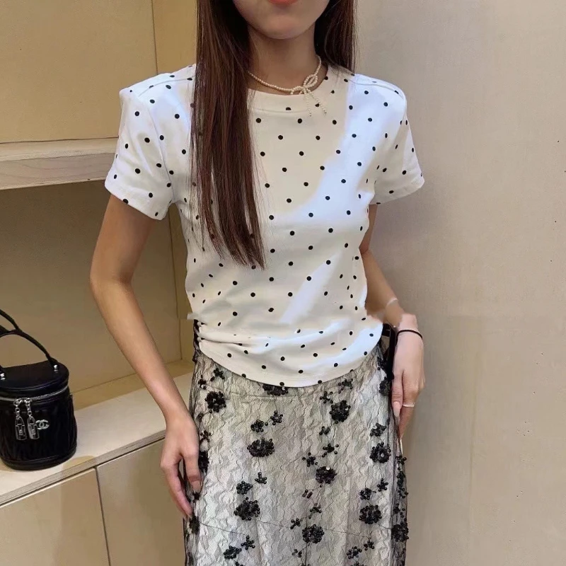 

Sweet Polka Dot Slim Cute Pullovers Top Summer New Trend Short Sleeve Youth O-neck Fashion T Shirts Casual Korean Women Clothing
