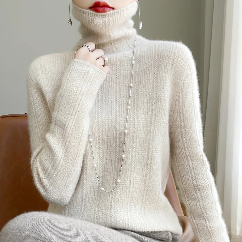 

Женский высококачественный бесшовный вязаный свитер из 100% чистой шерсти, ажурный пуловер с ворсовым воротником для модного комфорта