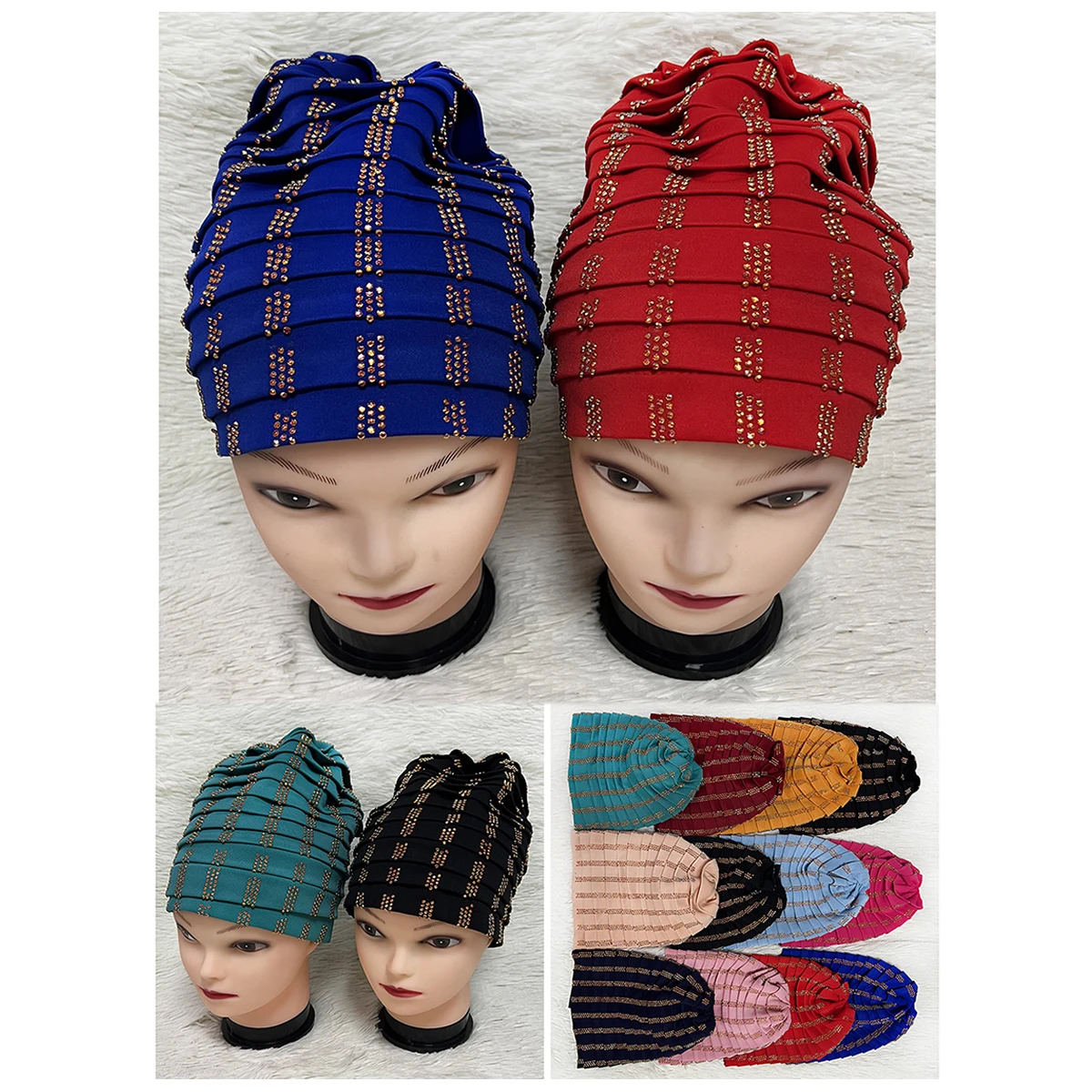 

6/12 Pcs Wholesale Fashion Muslim Female Turban Hat Bonnet Velvet Hot Rhinestone Solid Indian Beanie Hair Bonnets Cap For Women