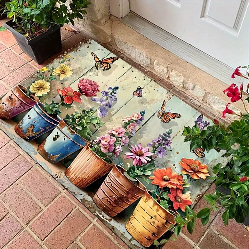 1pc Long-Haired Flannel + 0.39 inch Sponge Base Entrance Area Floor Mat, Featuring a Wood Grain Potted Plant Floral Print Design, Made of Polyester That Is