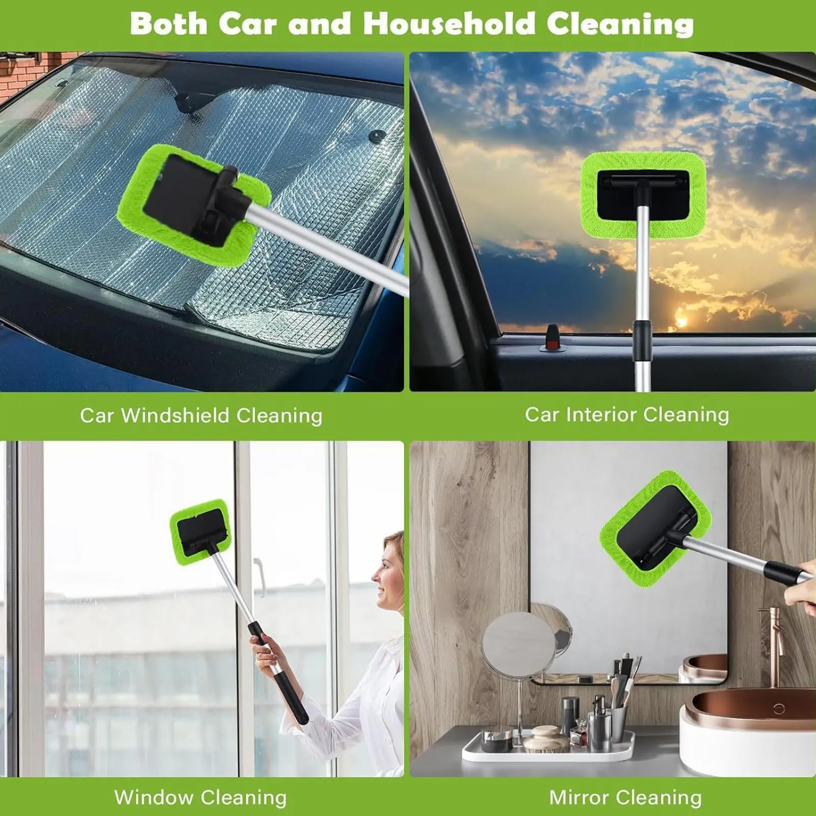 Car Windshield Cleaner Tool 180 Degree Rotating Car Window Cleaner Rod with 2 Reusable Cloth Pads for Automotive Interiors