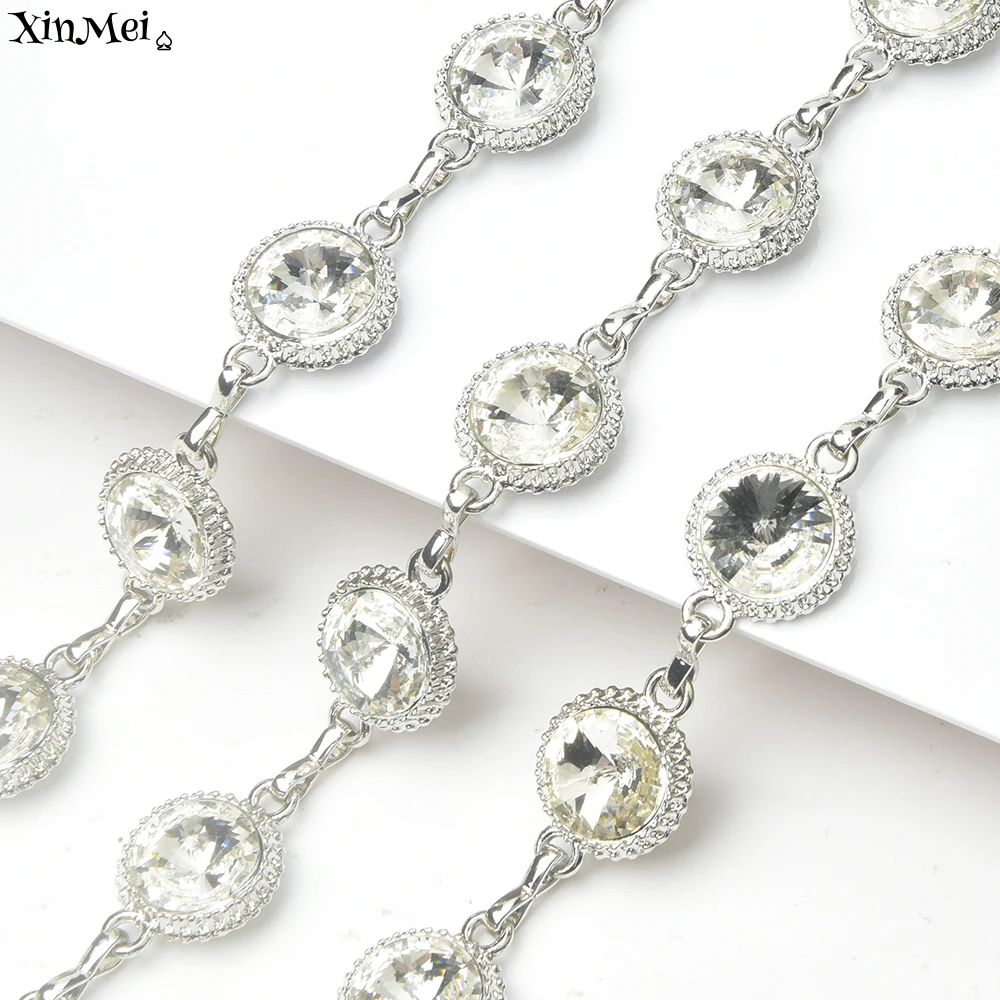 White Crystal Round Satellite Glass Diamond Trim Alloy Metal Silver Plated Rhinestone Cup Chain Diy Clothing Jewelry Accessories