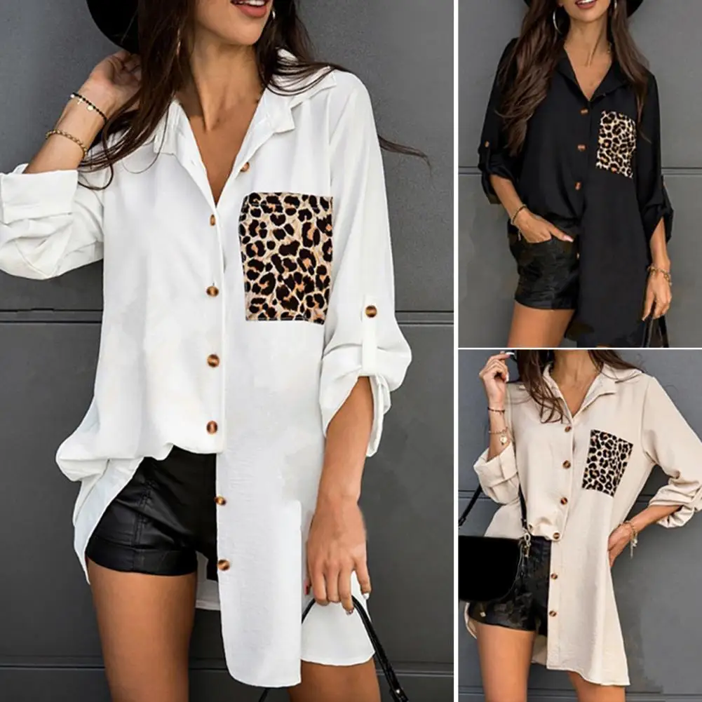 

Turn-down Collar Single-Breasted Roll-up Sleeve Mid-Length Women Shirt Women Leopard Print Pocket Casual Loose Cardigan Shirt