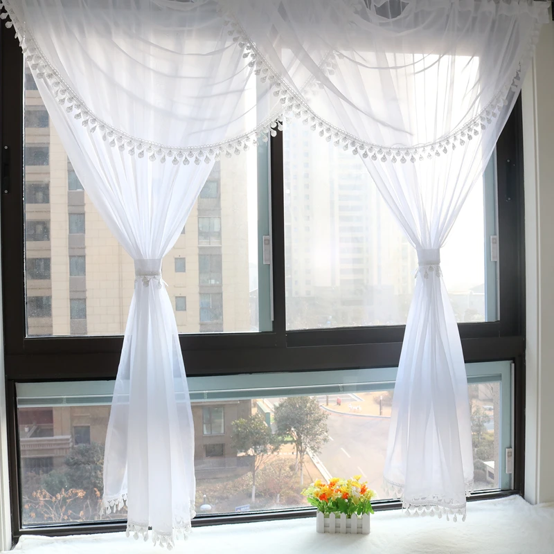 Double Arcuated Valance Style Voile Curtain, Lace edge Sheer White Window Drapes for Living Room Balcony 1PCS