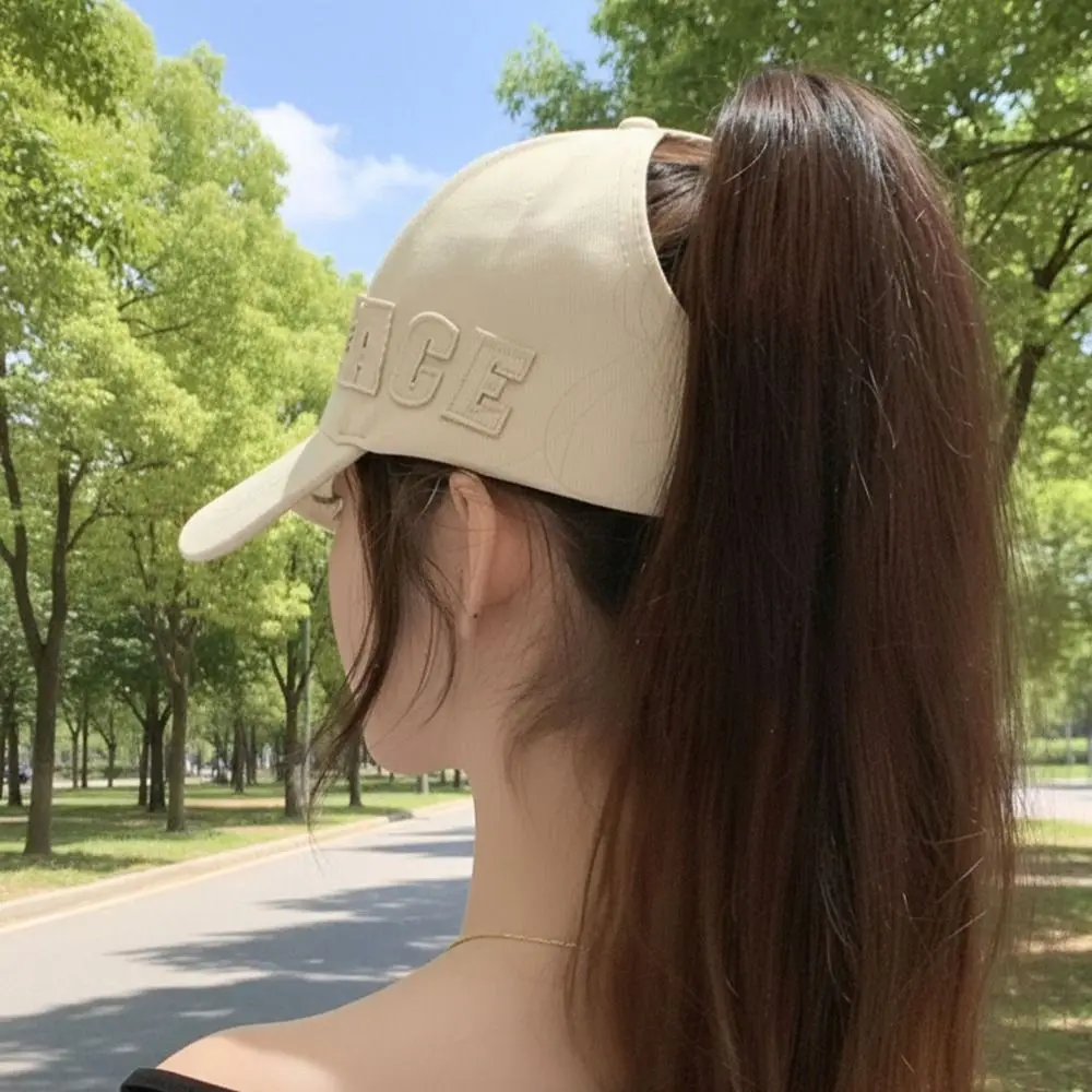 PEACE Embroidery Ponytail Baseball Cap Curved Brim Adjustable Hollow Back Hat Hollow Top Structured Baseball Cap Outdoor Sports