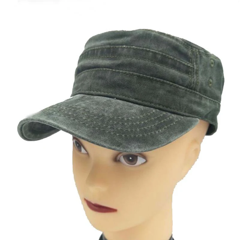 Men Washed Cotton Military Caps Cadet Army Cap Unique Design Vintage Flat Top Hat