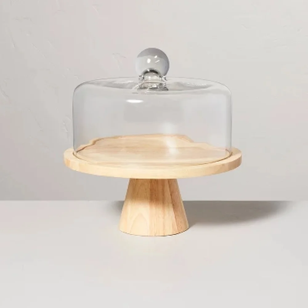 

Wooden Cake Stand with Glass Cloche Natural Rubberwood Pedestal Round Dessert Display Stylish Serving Tray Kitchen Decor