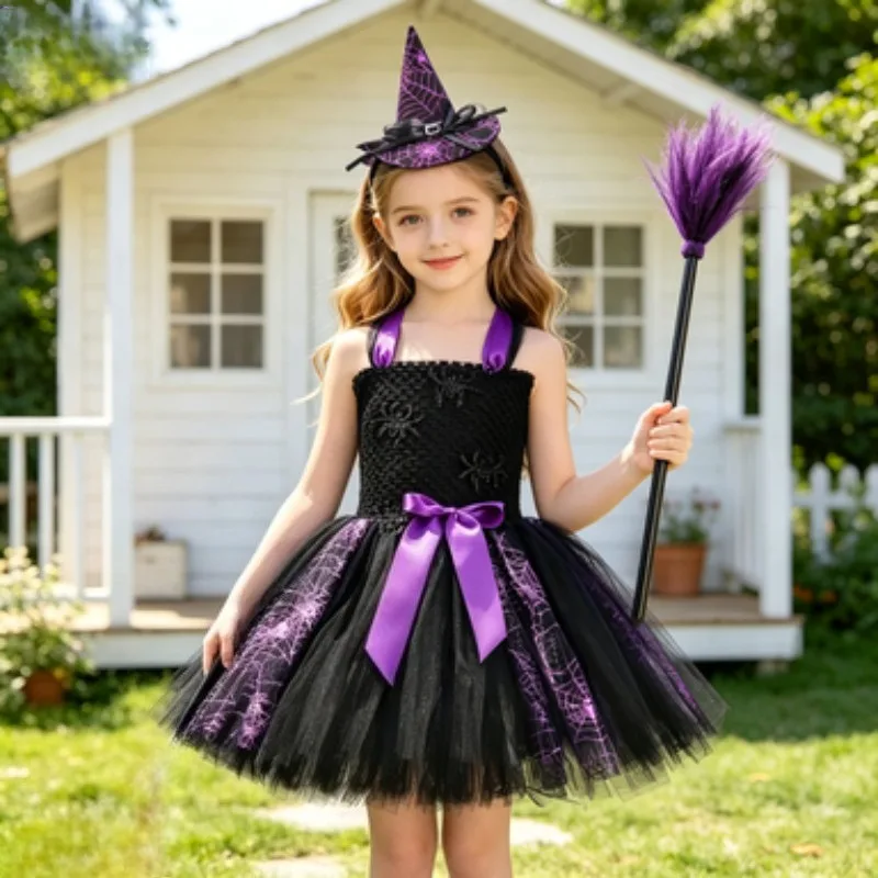 

Girls' festive dress, black tulle tutu skirt with sequins and cartoon patterns for girls, ideal for Halloween and celebrations