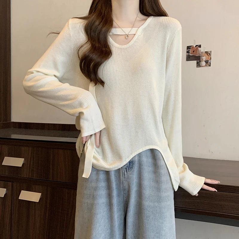 

2023 Autumn Women Pullovers New Korean Fashion Office Lady Casual V-neck Long Sleeve Sweater Irregular Loose Knitted Female Tops