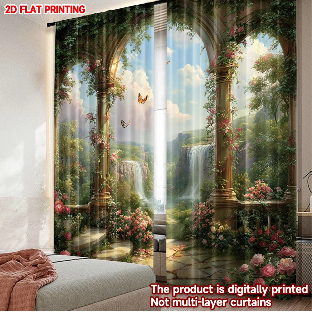 

2pcs Arch Window Garden View Curtains Digital Printing, Landscape with Flowers Butterfly Waterfall for Cozy Bedroom Living Room