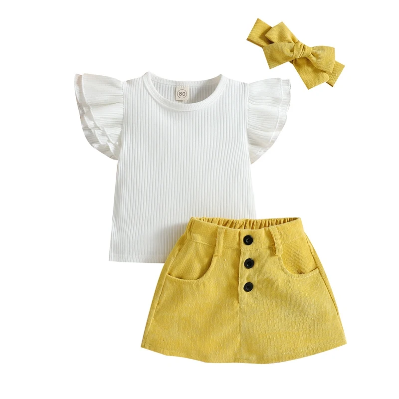 Summer Kid Girl Short Pants Outfits White Ruffles Tops+ Yellow Shorts With Button Decor Girls Clothes Sets