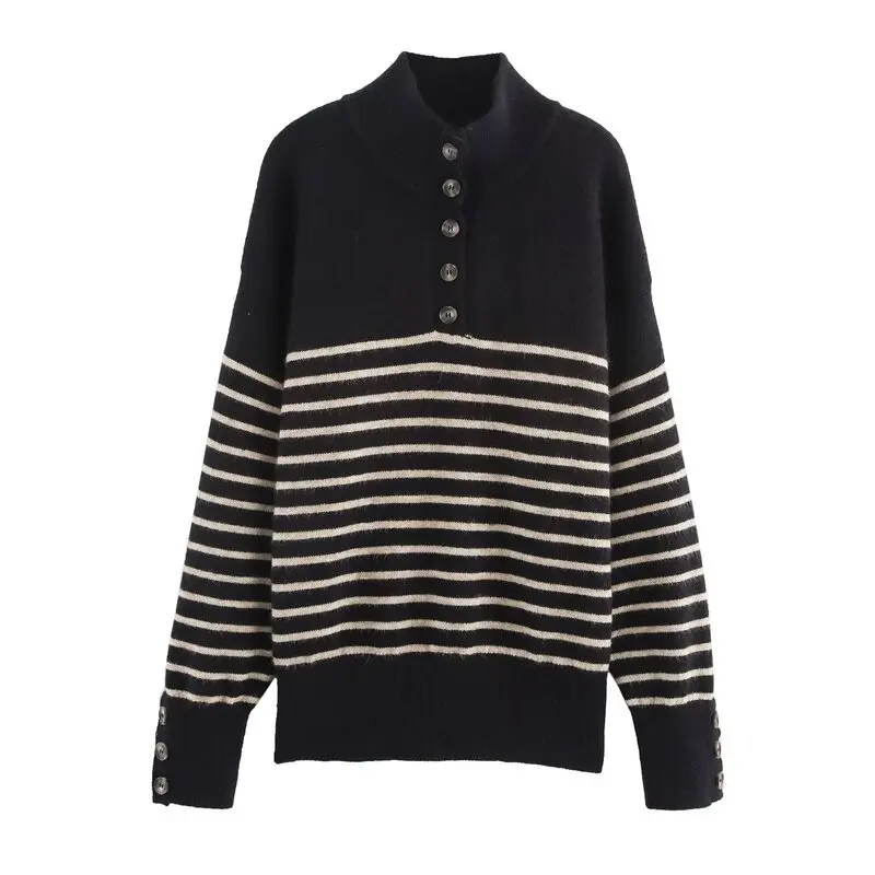 캐주얼 니트 긴팔 여성 풀오버 넥타이 가을 겨울 신상 스트라이프 프린트 패션 출퇴근 스타일 레귤러 길이