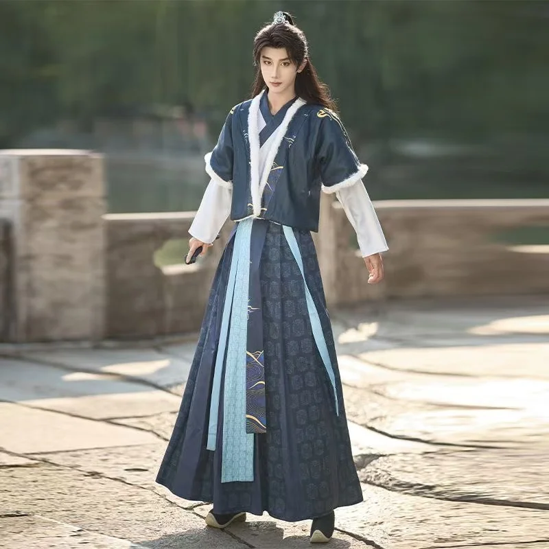 

Зимнее снежное мужское платье ханьфу, традиционный костюм династии Тан с короткими рукавами, древние королевские гвардии, стрельба из лука, мужская одежда