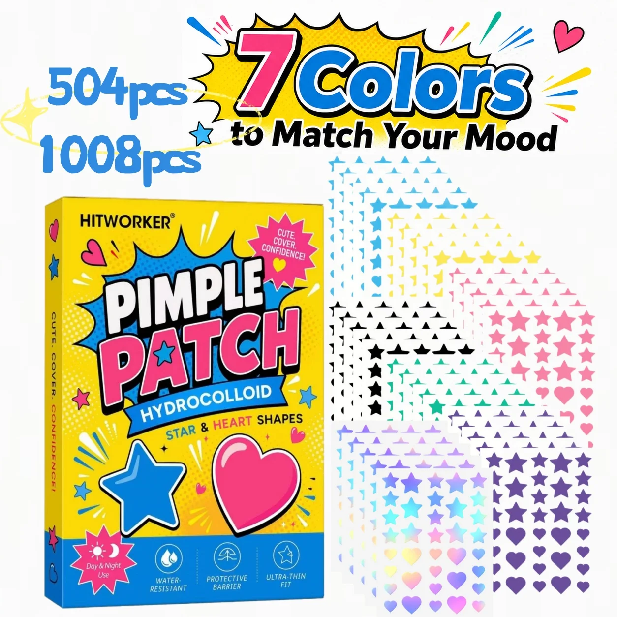Star and Heart Acne Patches – Gentle and non-irritating, effectively covers acne and blemishes; 1008/504 patches per pack.