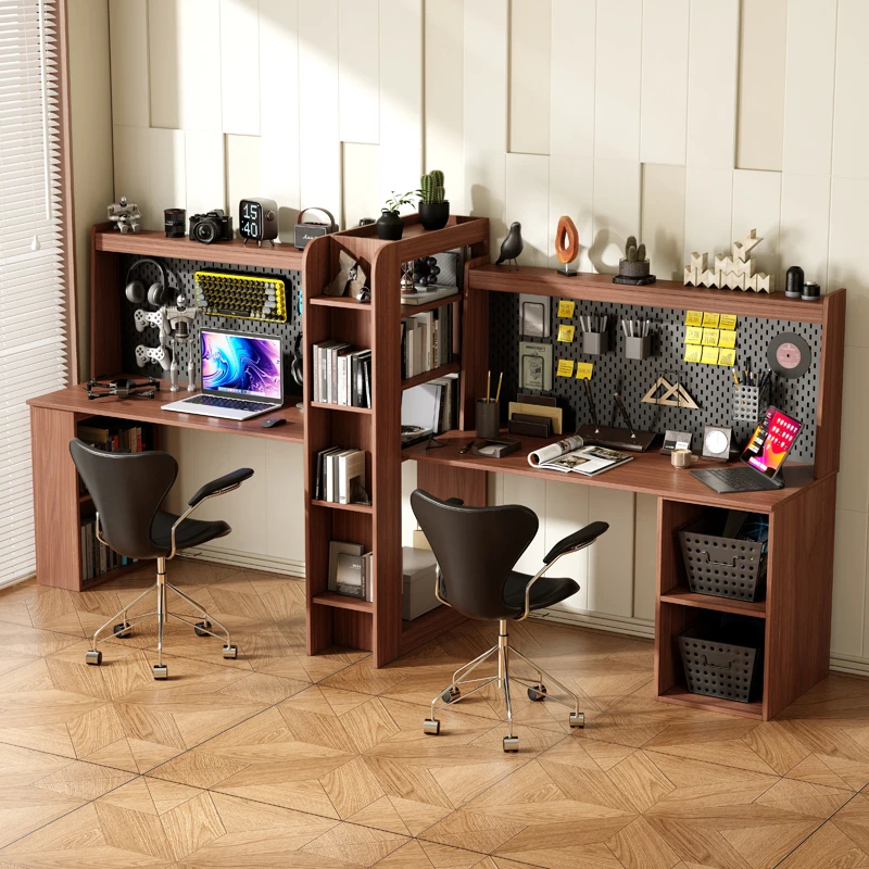 Solid wood double computer desk hole board long e-sports table workbench children's desk bookshelf integrated study table