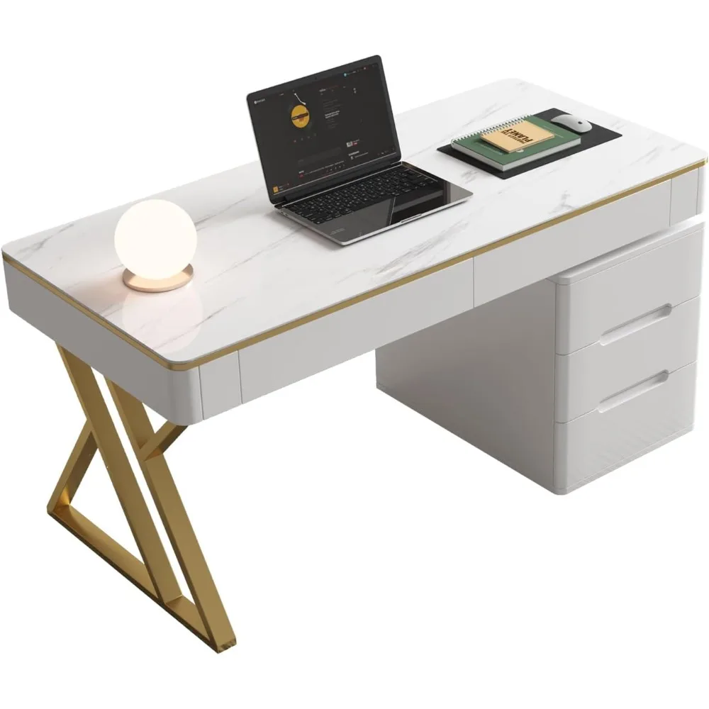

Wooden Computer Office Desk with Drawers for Home Office - White Gaming Desk with Tempered Glass Top - Thickened Lacquered PC De