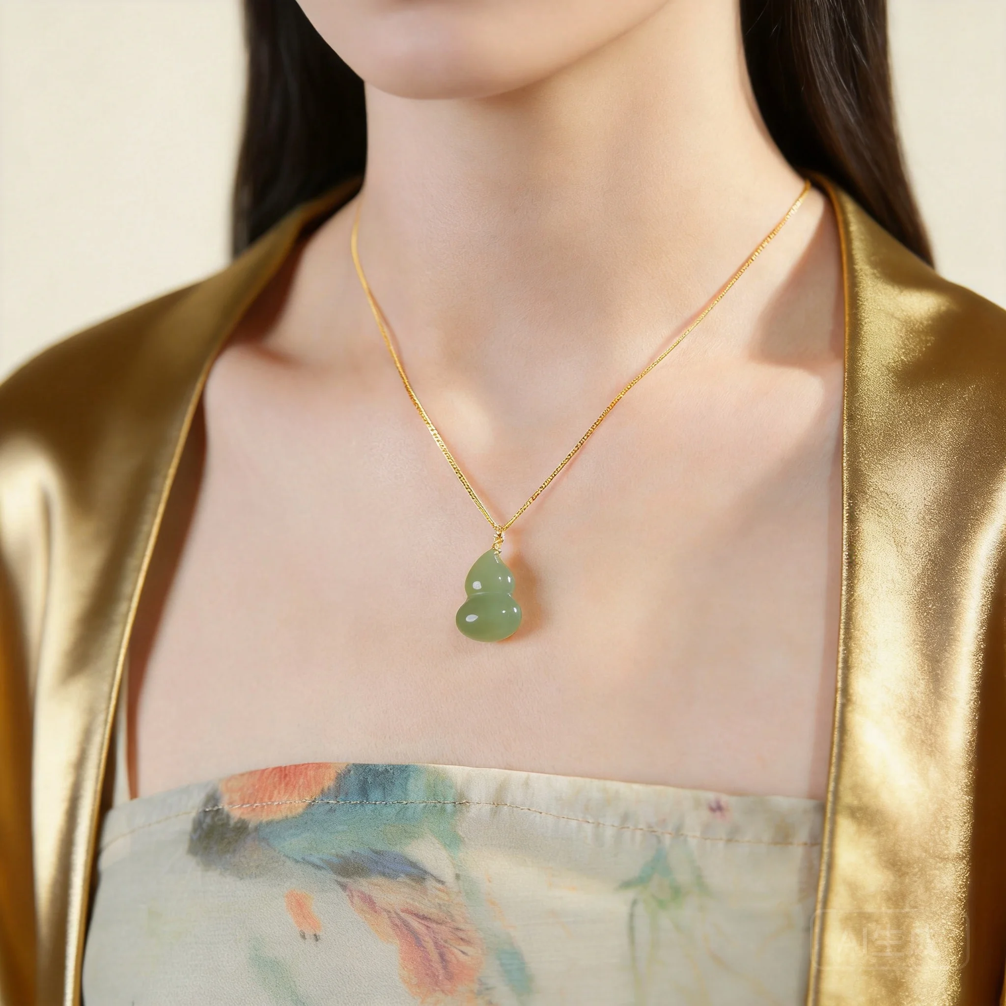 Chinese Traditional Good Luck Hetian Jade Gourd Pendant Necklace 18k Gold Inlaid Light Green Jade Calabash Necklace For Women