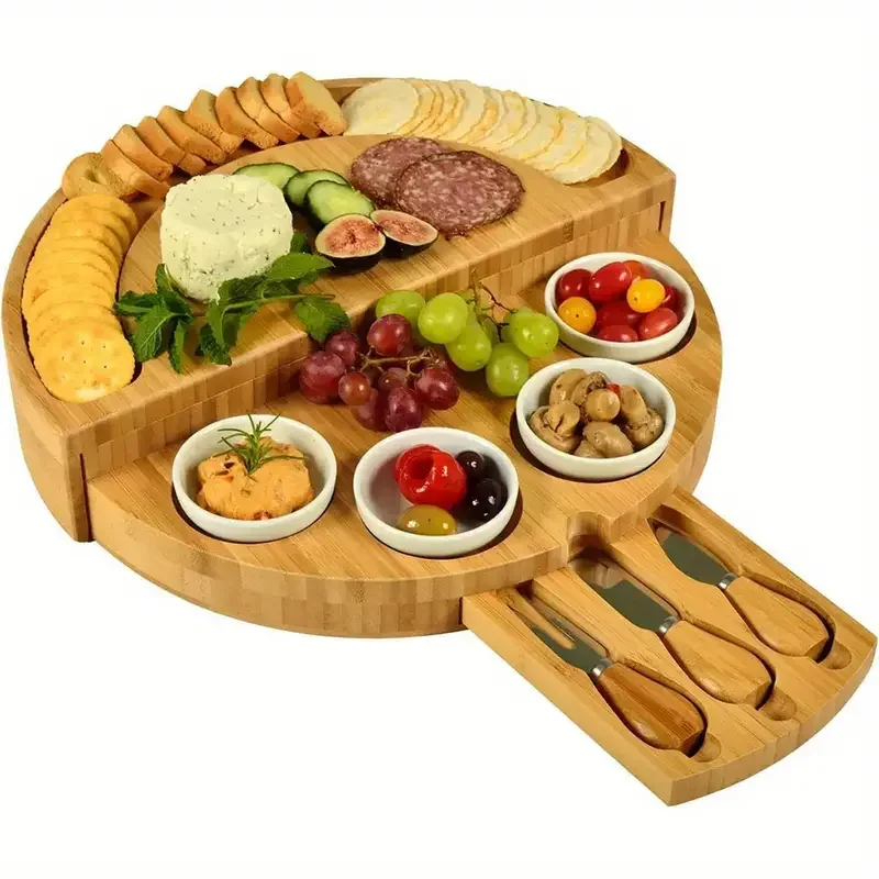 1 Set Bamboo Cheese Board Set With Integrated Slide-Out Drawer Foldable Storage Home Friends Party Bread Cutting Board Home