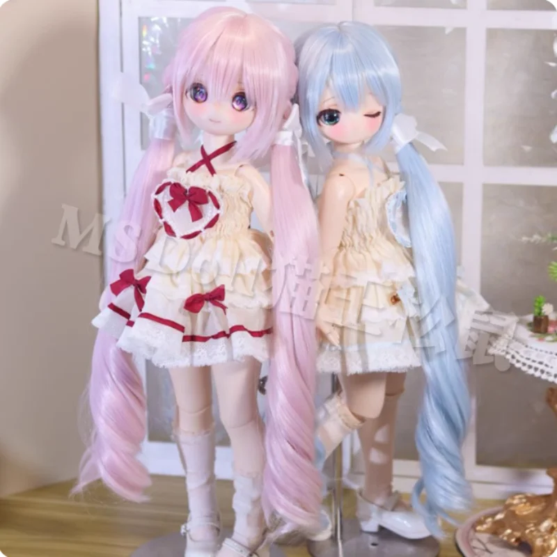 

BJD Doll Wigs Long Curly Hair Cute Pigtails For 1/3 1/4 MDD Bunches Blue Pink Hair Doll Accessories Doll Wigs