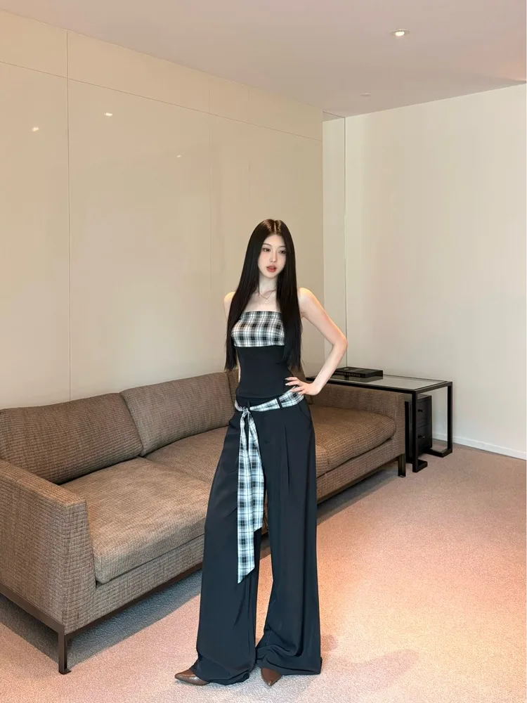 

Summer plaid contrasting color patchwork strapless vest loose lace up wide leg suit pants women fashionable two-piece set