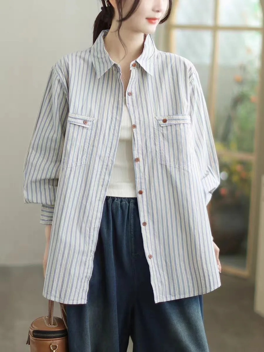 Lässiger, lockerer, gestreifter Baumwoll-Cardigan für Damen – Herbst-Oberteil mit schlankmachendem Effekt und offenem Schnitt