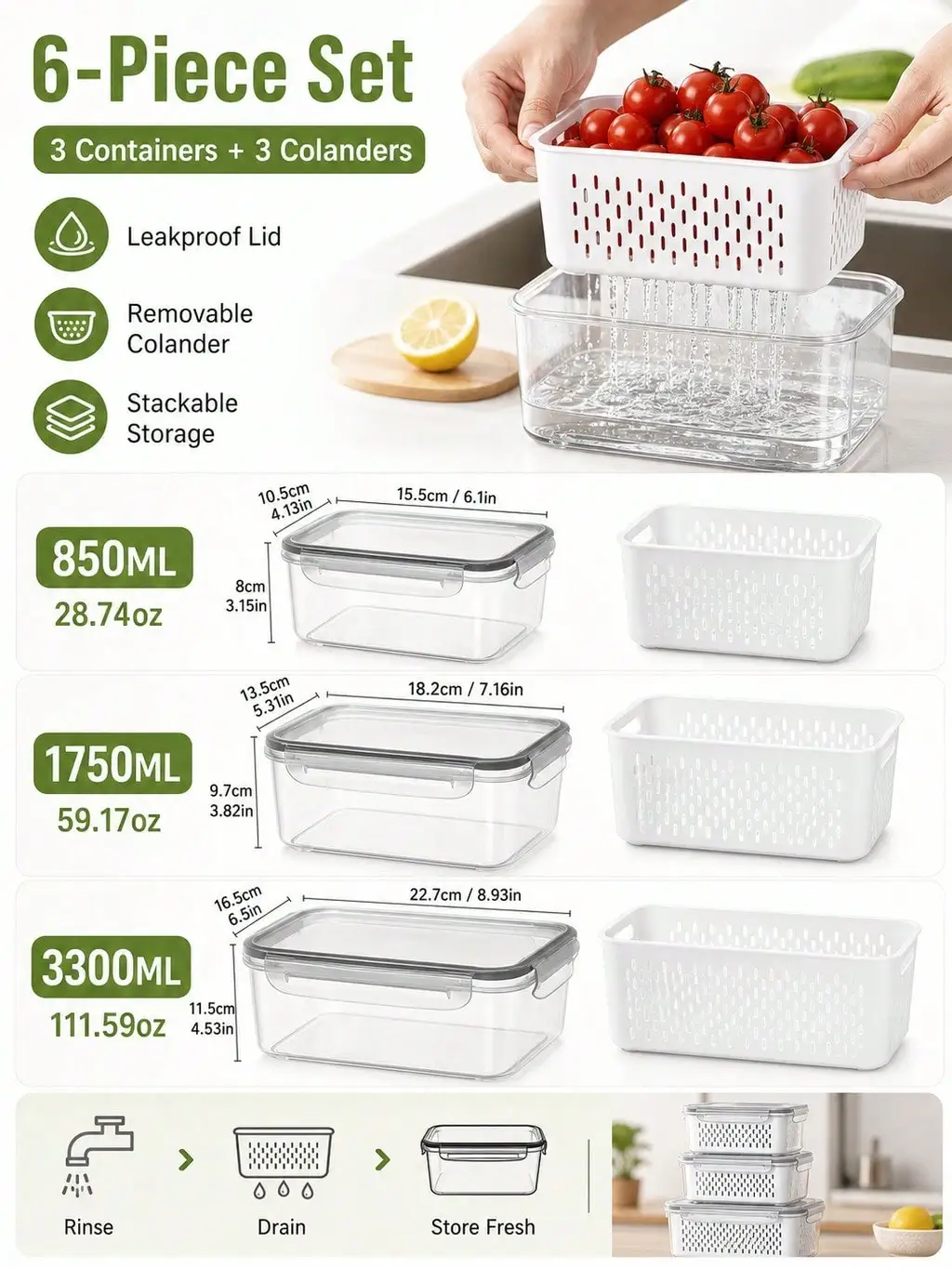 6-Piece Produce Organizer Containers for Grapes, Berries and Vegetables for Leakproof Produce Keeper