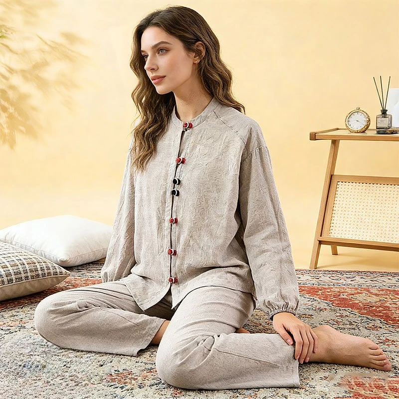 

Женский комплект пижамы в китайском стиле из хлопка и льна с воротником-стойкой, на пуговицах, свободного кроя, с длинными рукавами, для медитации и чаепития