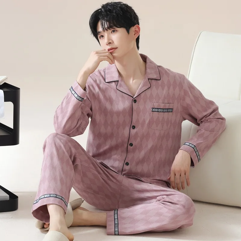 

New Men's Cotton Pajama Set For Autumn Casual Pijama Button Down Pocket Long Sleeve Shirt With Pant Loungewear Sleepwear Set