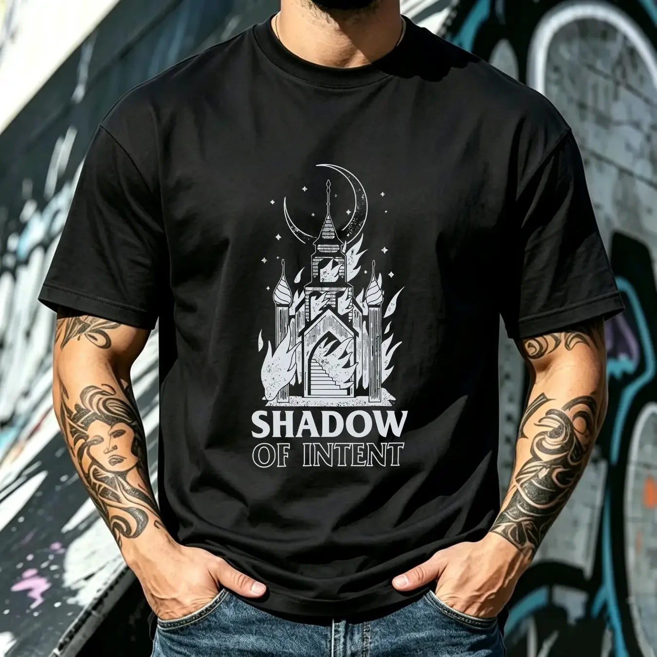 washed T Shirt Men's Shadow Of Intent Burning Church XX Large Black vintage Washed Stretched streetwear Unisex Stylish