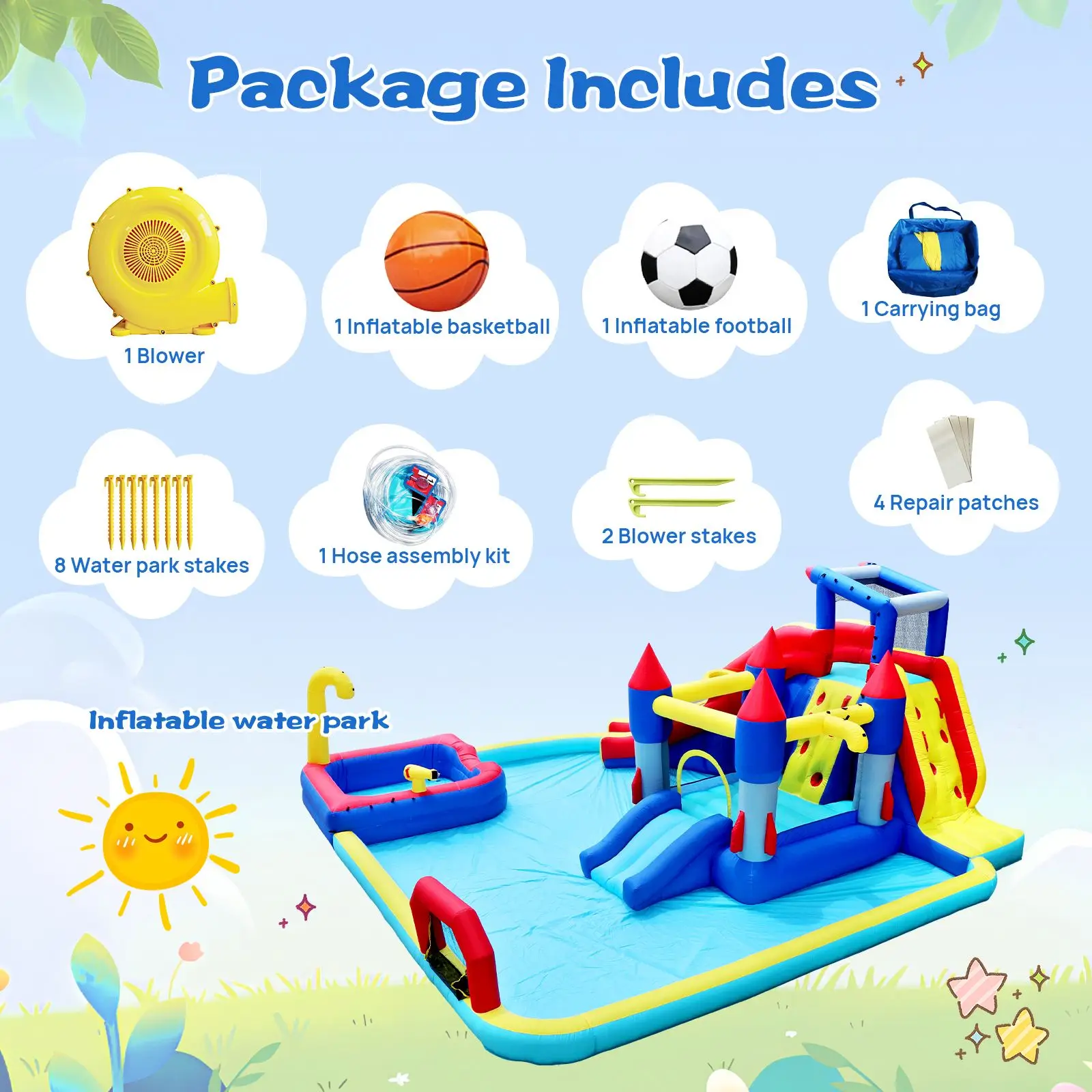 10 in1 Inflatable slide water park bouncing house garden with splash pool & water gun & basketball & climbing wall & dual pools