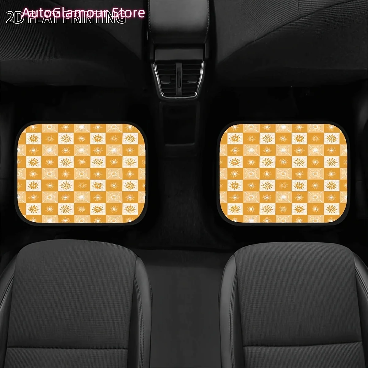 4-Pack Mustard Yellow and White Checkered Car Floor Mats with Black Beige Brown Pattern- Heavy-Duty All-Weather Car Mats, Non-Sl
